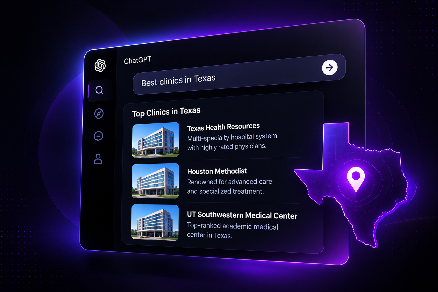 ChatGPT answer listing top clinics in Texas, showing AI search visibility for healthcare providers
