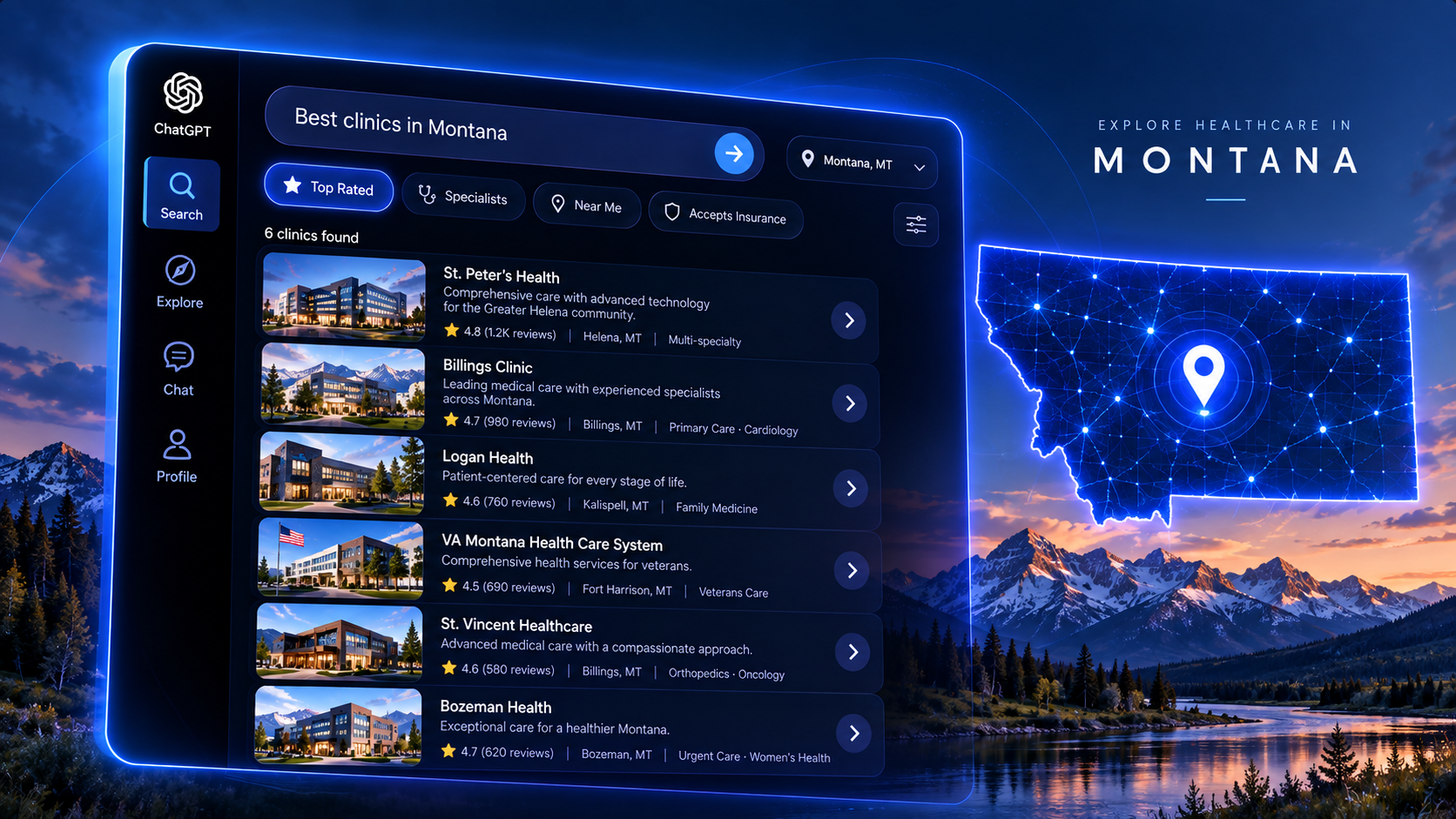 AI assistant answer recommending top clinics, illustrating AI search visibility for Montana healthcare providers